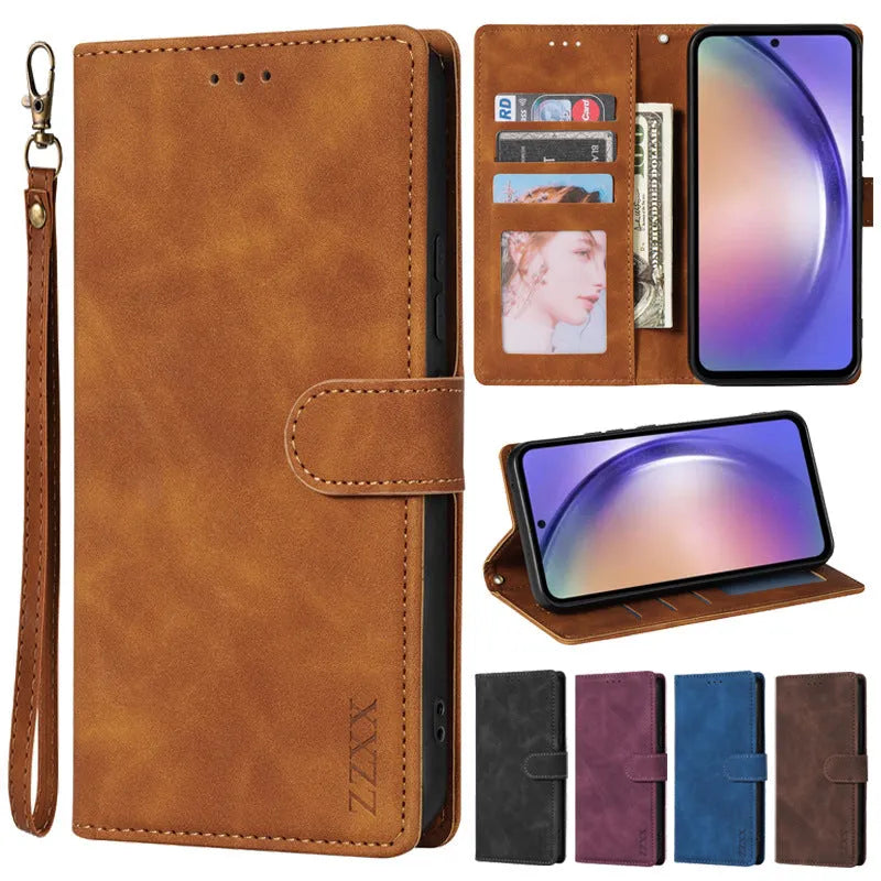 Samsung wallet card flip leather phone case in black with magnetic flap and kickstand bracket