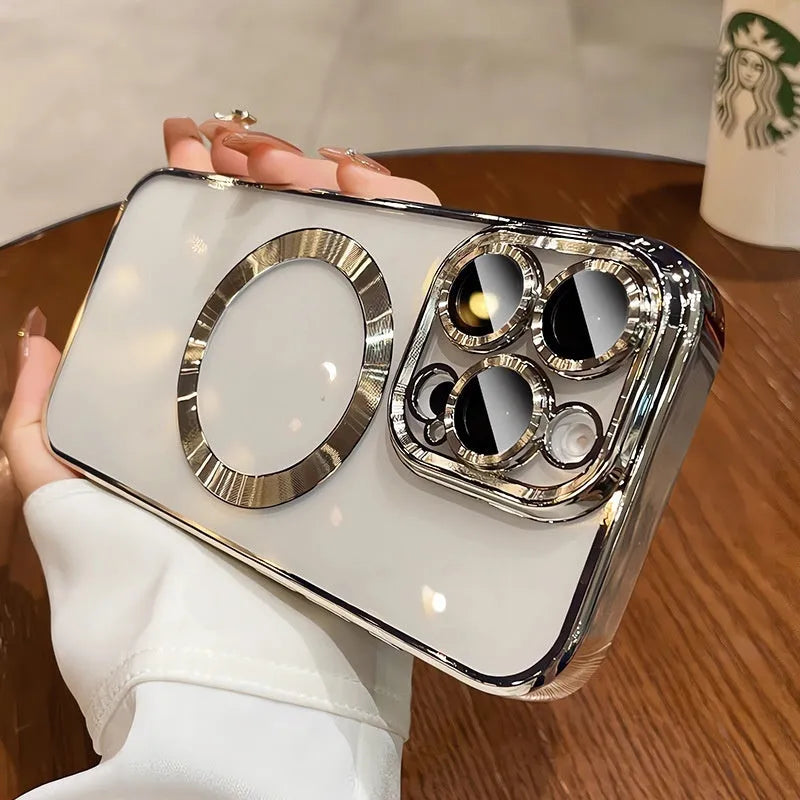 Electroplated TPU phone case with MagSafe magnetic suction for iPhone 11-14 models, shown in Desert Gold.