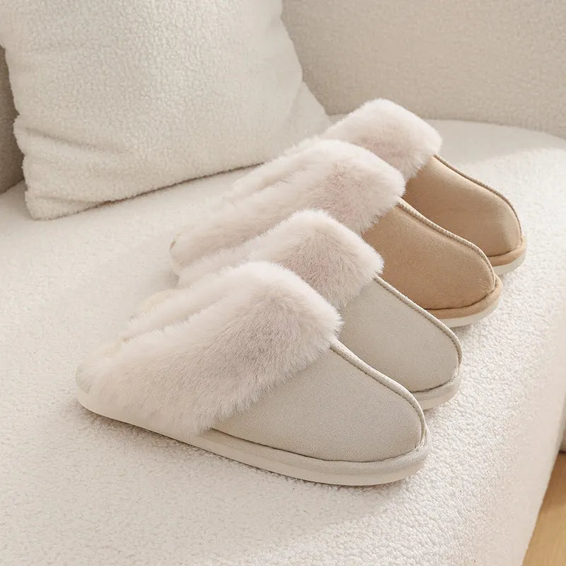 Women's brown plush indoor slippers with a round toe, flat heel, and a textured PVC sole.
