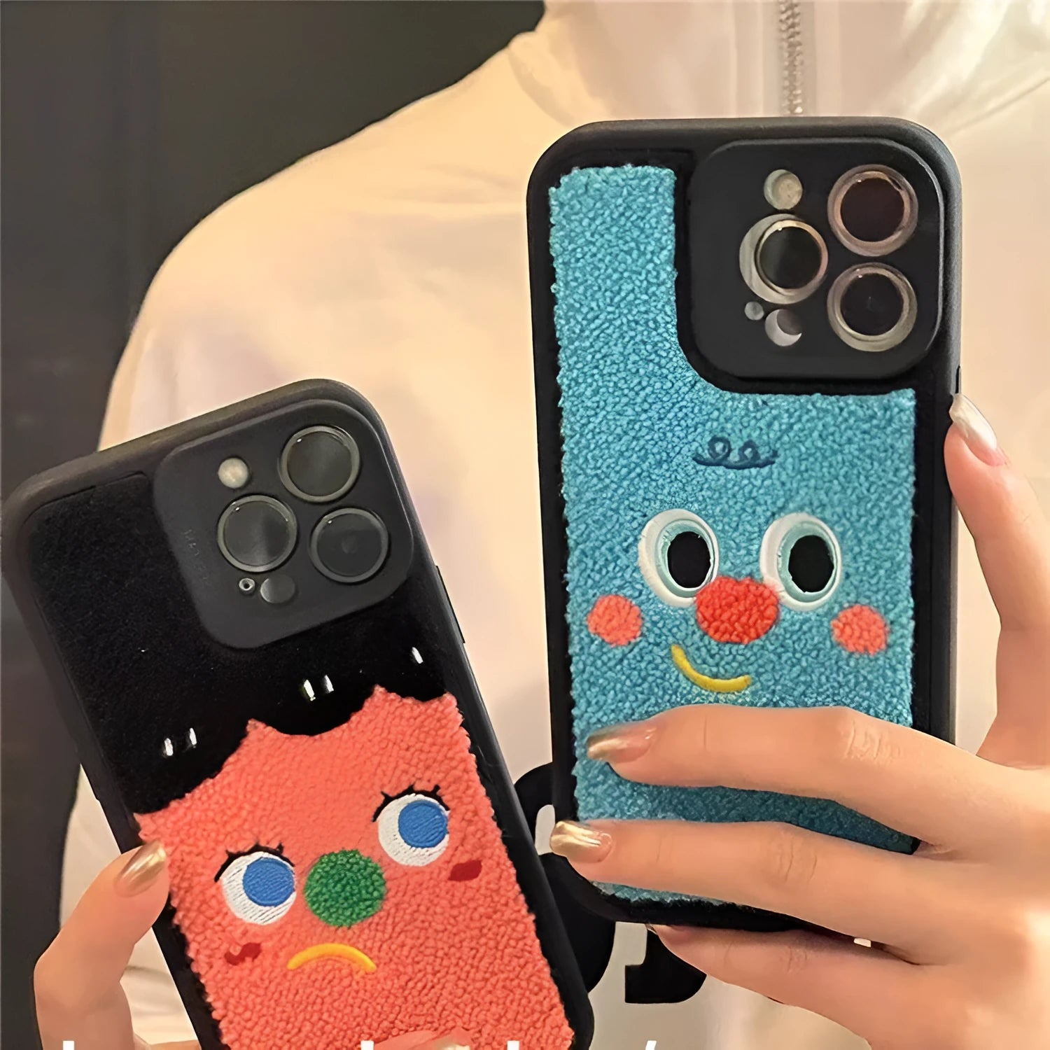 Towel embroidered couple silicone phone case in blue for iPhone 14 with fall protection