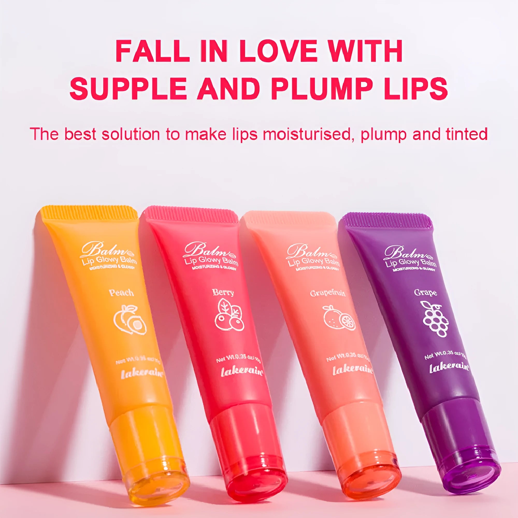 Women's lip gloss set showing four flavour options: Yellow Peach, Berry, Grapefruit, and Grape