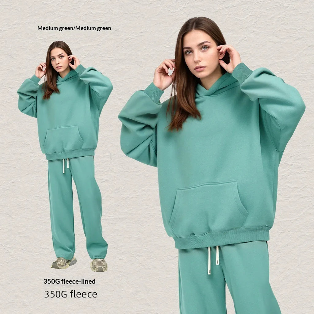 Men's hooded fleece-lined sweatshirt set with long-sleeve top and matching trousers in grey