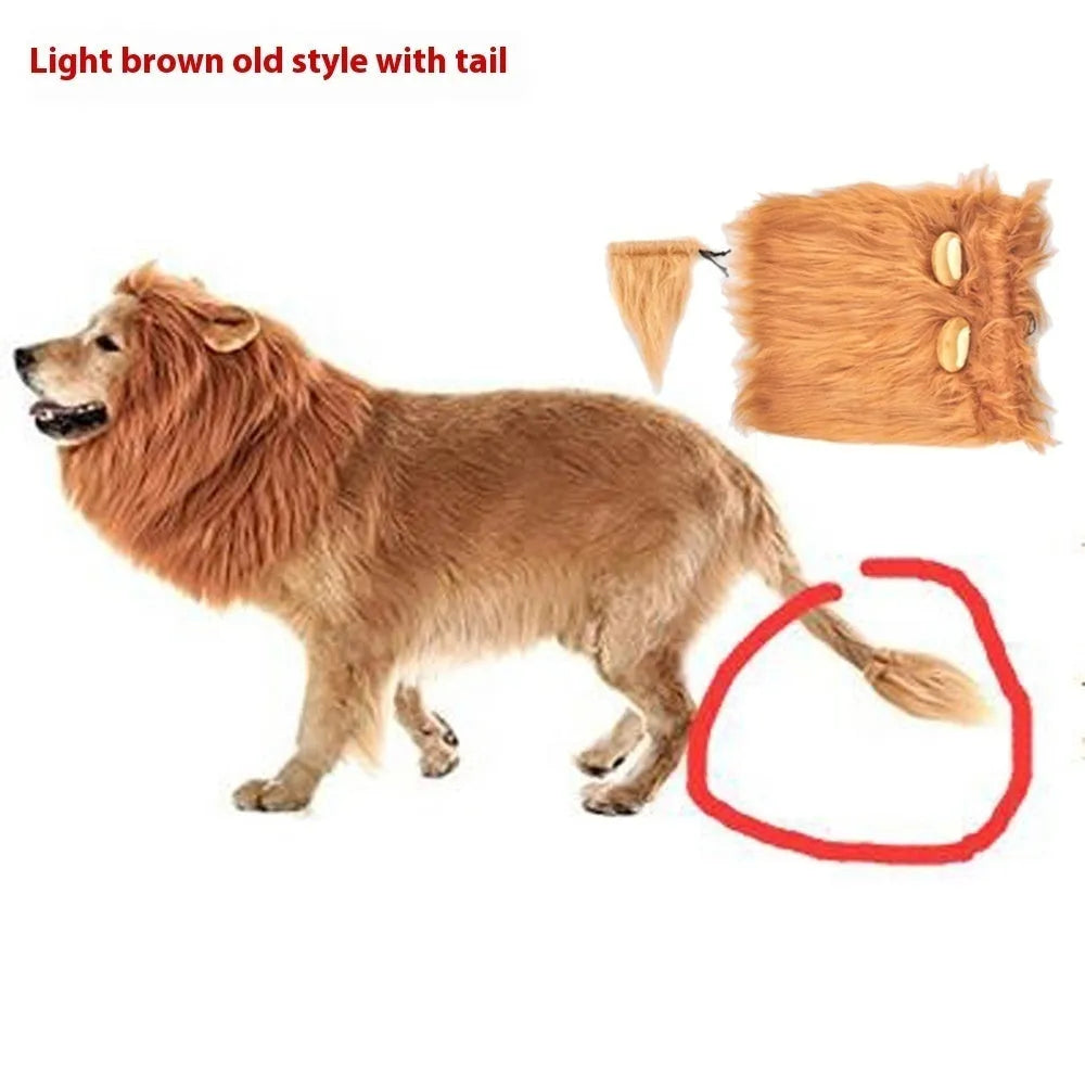 Dog wearing adjustable lion headdress costume with elastic band in light brown colour