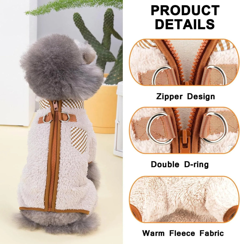 Green plush fleece dog coat with four legs and a back zipper on a small dog.