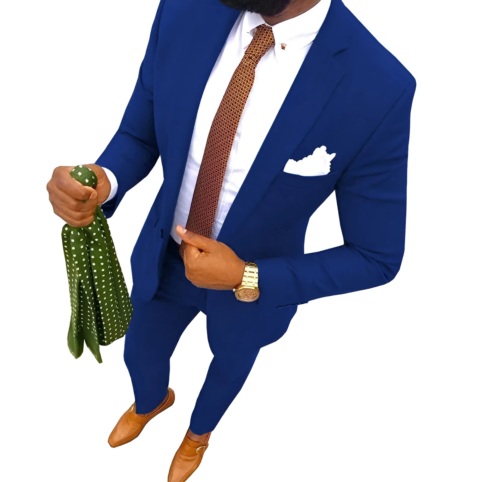 Men's two-piece cotton suit in a selection of colours including purple, blue, and grey.