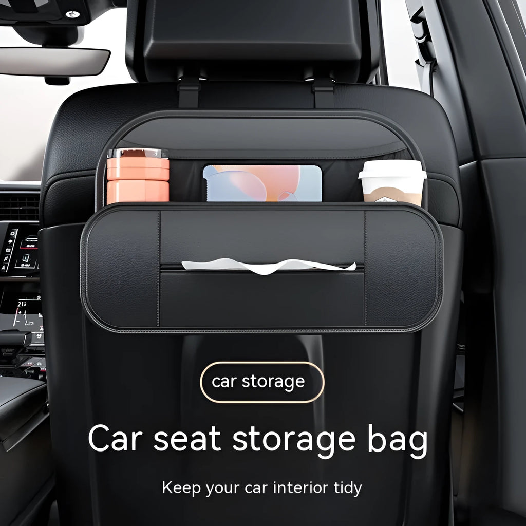 Black leather car seat rear storage bag showing compartments and dimensions