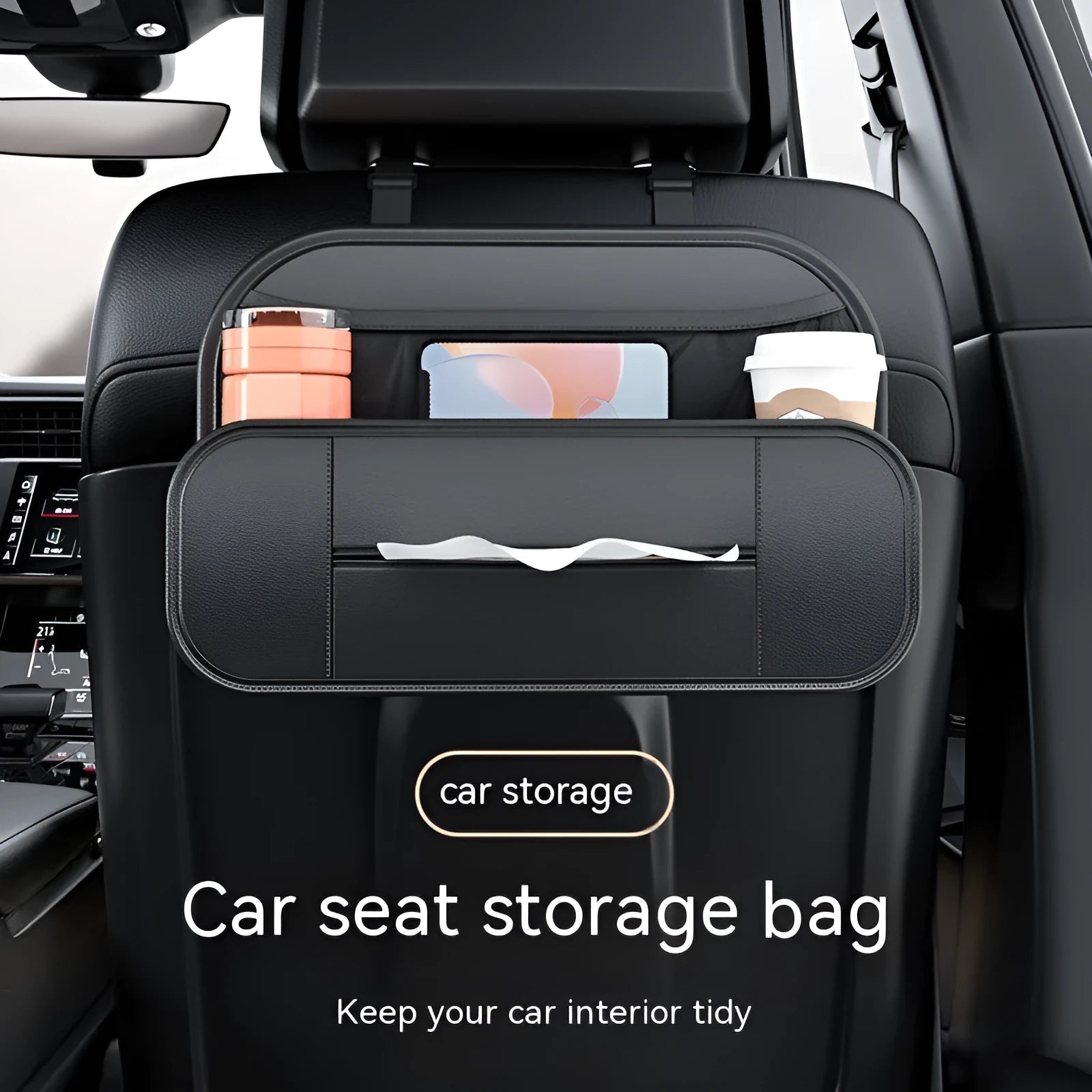 Black leather car seat rear storage bag showing compartments and dimensions