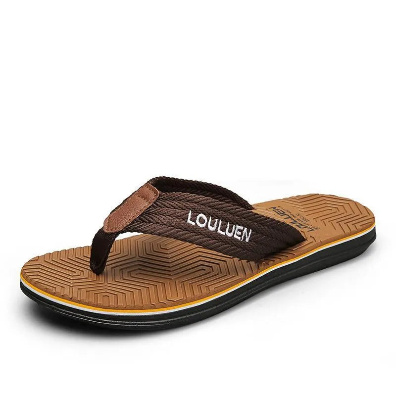 Men's black flip flops with an EVA upper and textured non-slip PVC sole.