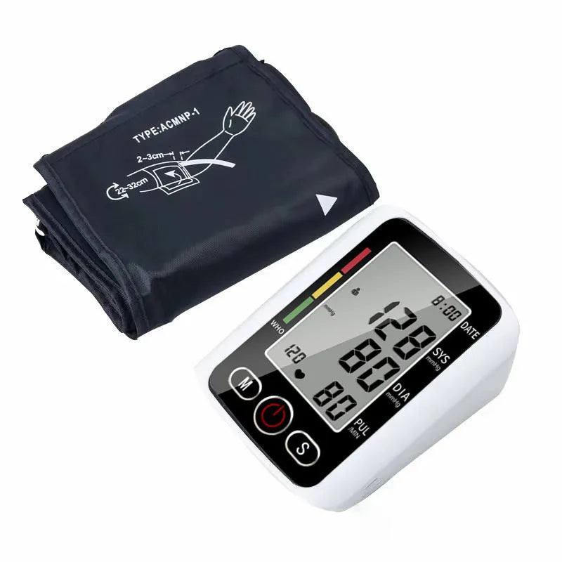 Automatic arm blood pressure monitor with large screen display on a table.