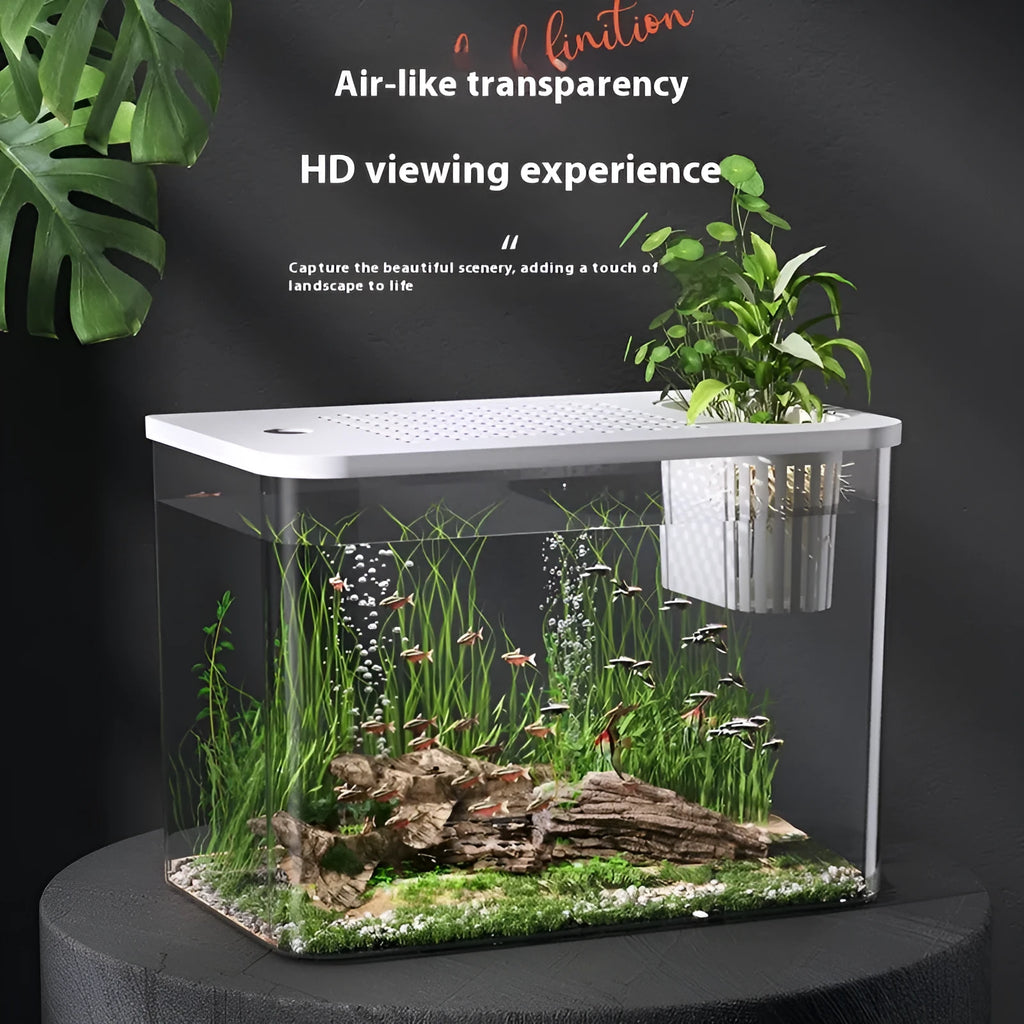 Compact black ecological betta tank with integrated filter and hinged LED light cover on a wooden sideboard.