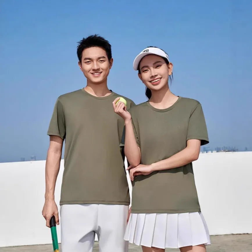 Men's solid colour loose-fit short sleeve polyester t-shirt on a hanger.