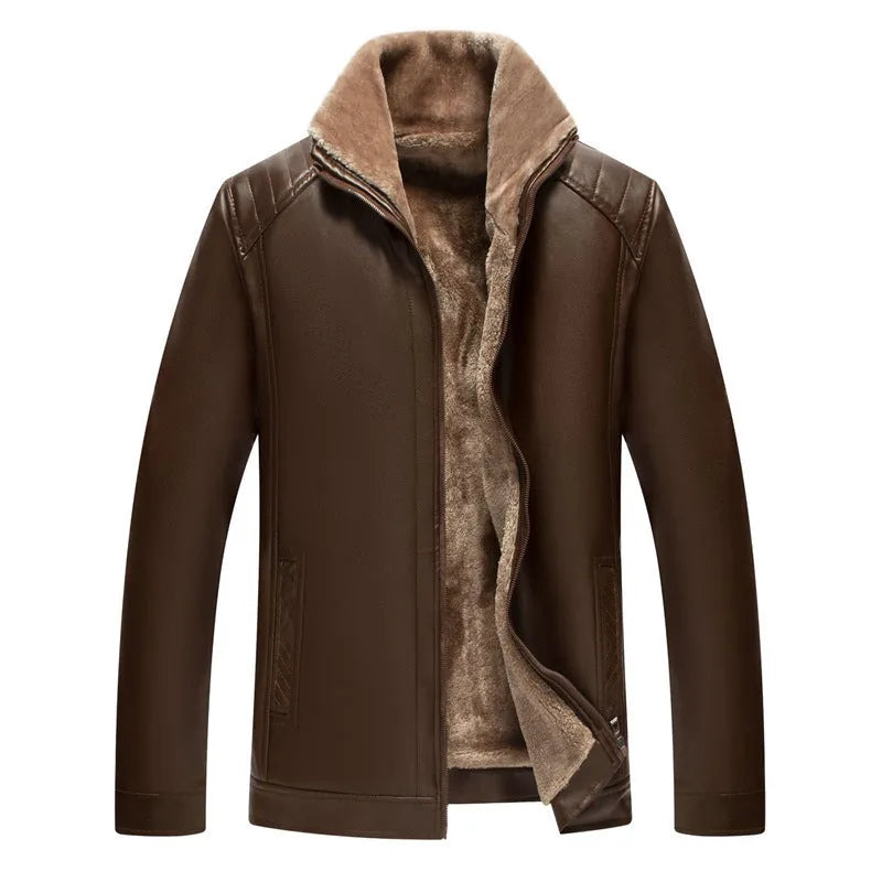 Men's fur one-piece artificial leather coat with velvet finish, black colour, straight hem design