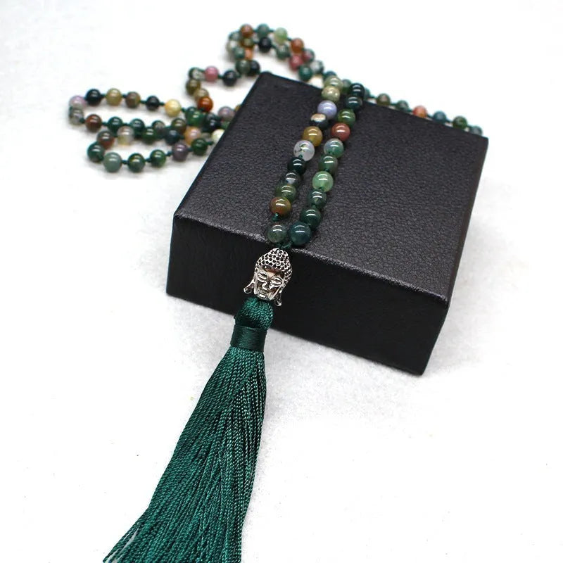 108-bead natural India agate necklace with 6mm geometric stone beads.