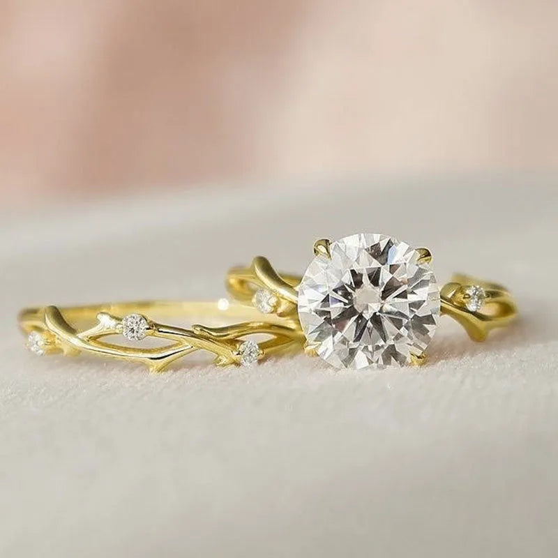 Rose gold couple rings with simulated diamond, geometric copper band, sizes No 6 to No 10, on white background.
