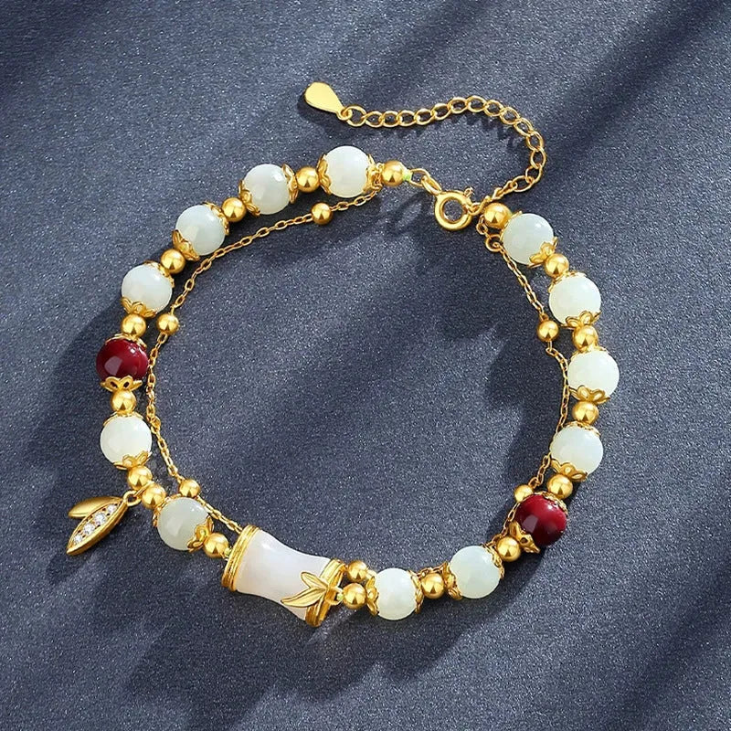 Retro bamboo Ruyi flower design glass bracelet in beige green light green white colours