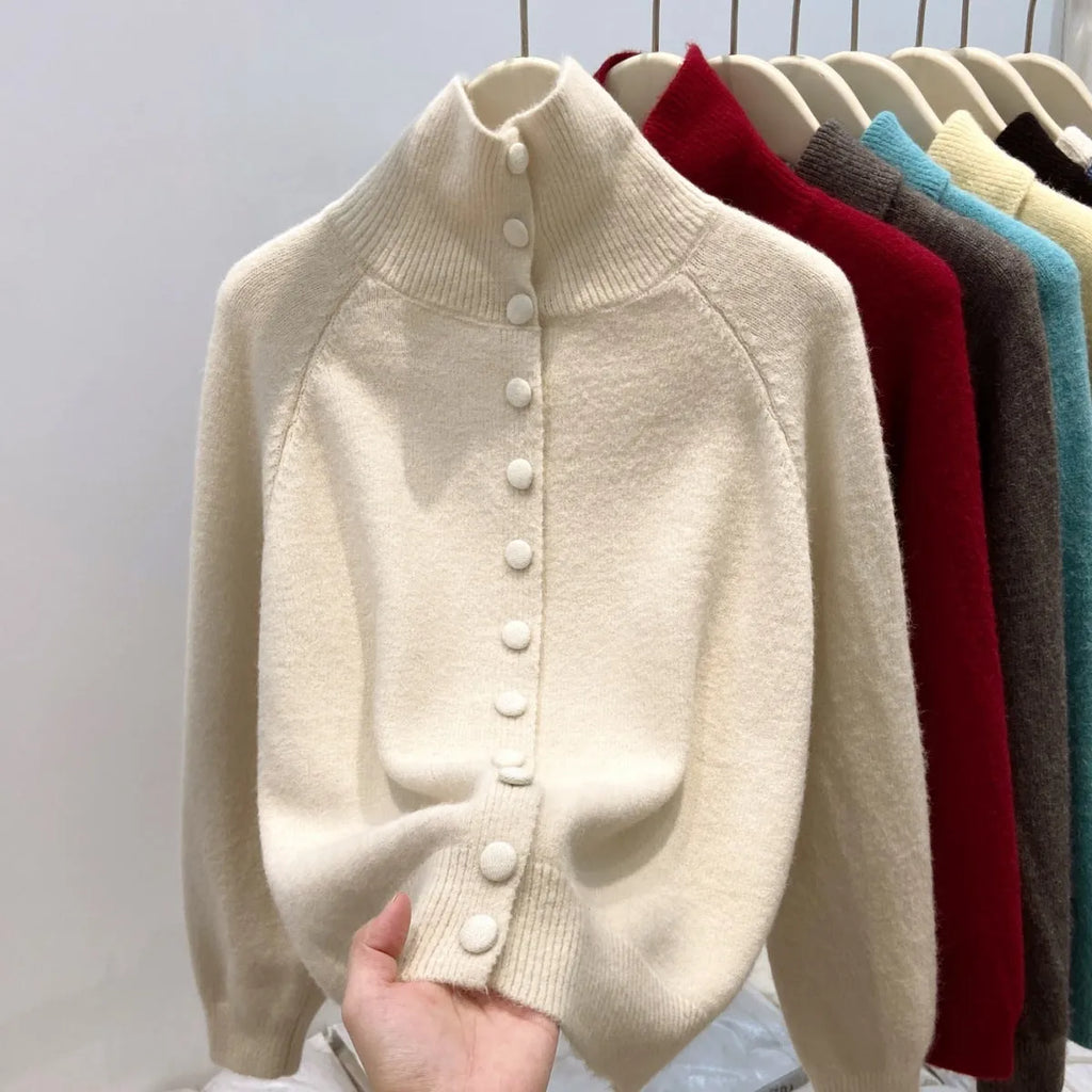 Women's turtleneck single-breasted cardigan, thick polyester knit, loose lazy style, apricot colour