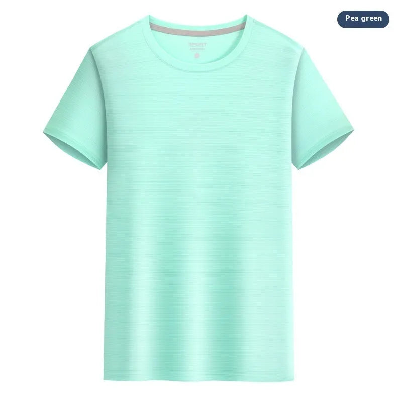 Solid colour quick-drying spandex t-shirt in round neck pullover style.