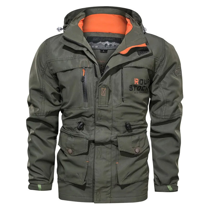 Men's casual outdoor hooded plus size jacket with letter print, stand-up collar, and loose fit in polyester
