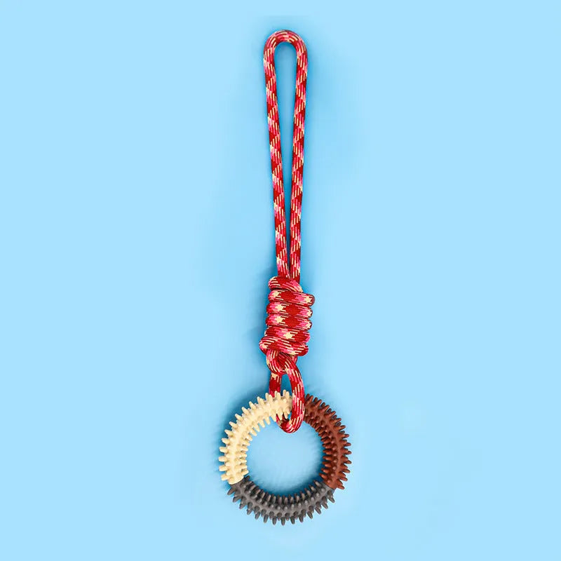 Multicoloured braided rope dog toy with knots for chewing.