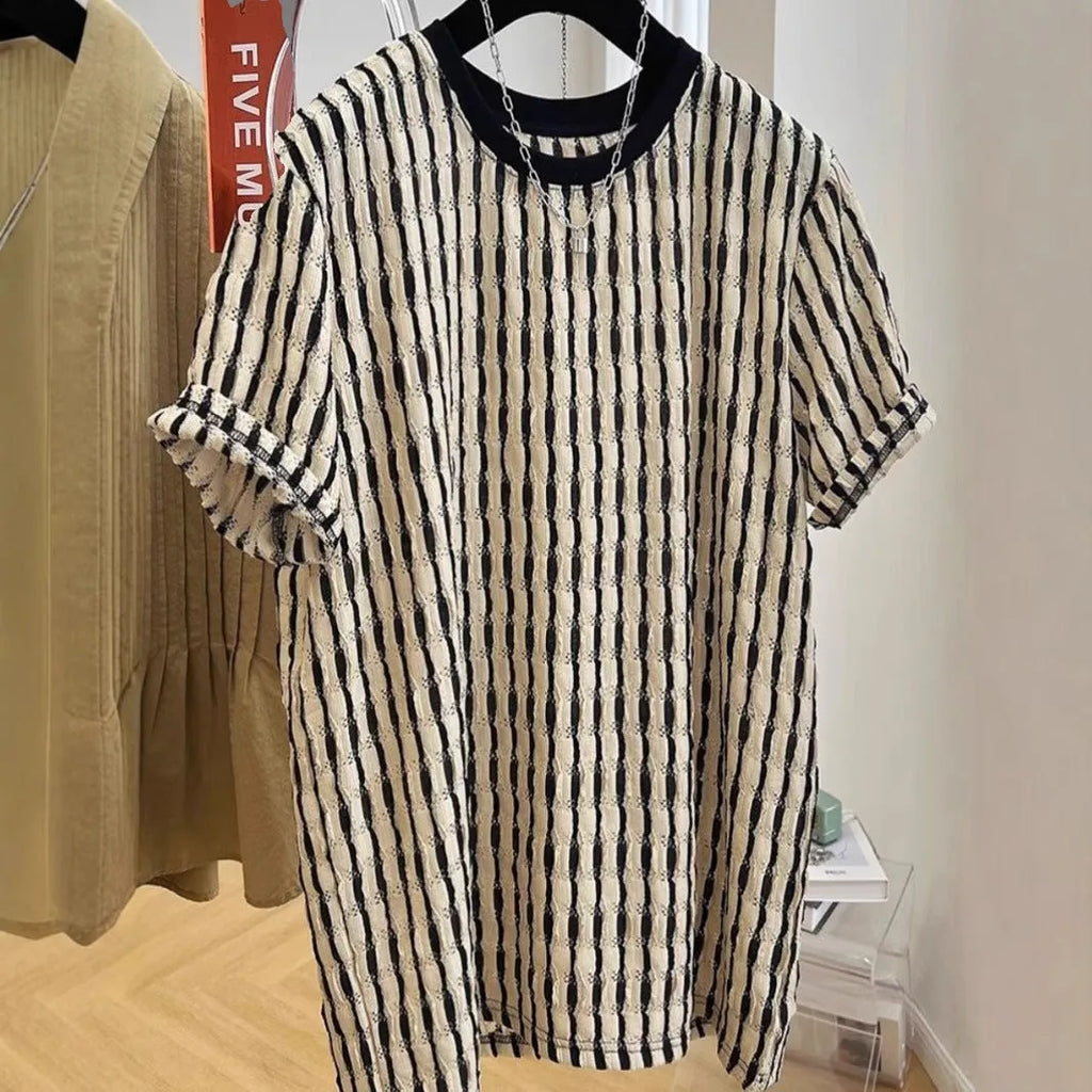 Black striped men's loose linen silk blend short sleeve pullover shirt casual summer wear