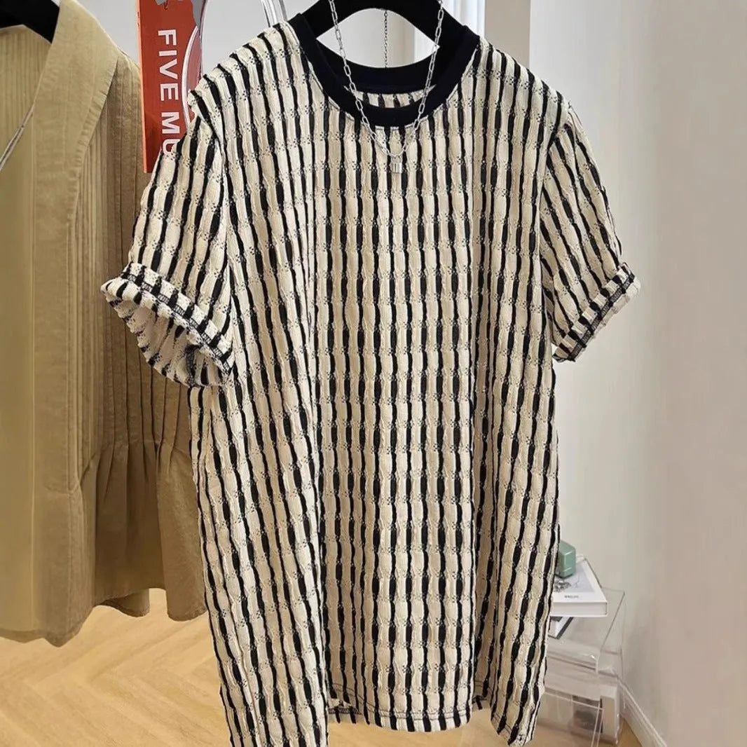 Black striped men's loose linen silk blend short sleeve pullover shirt casual summer wear