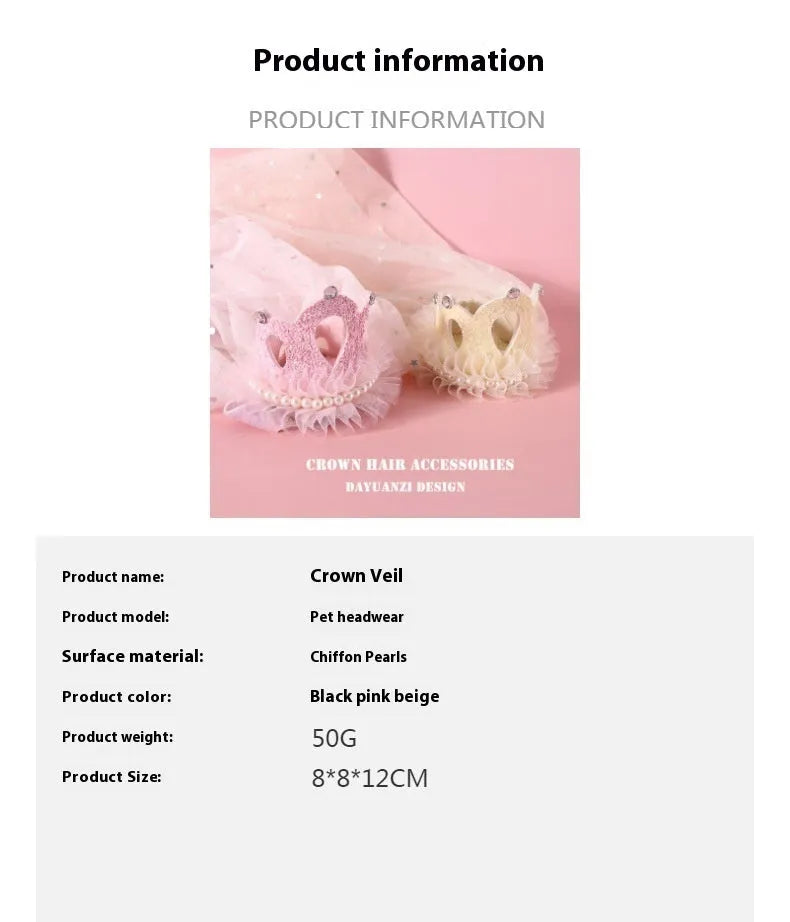 A cat wearing a princess crown headdress with a soft veil, available in beige or pink.