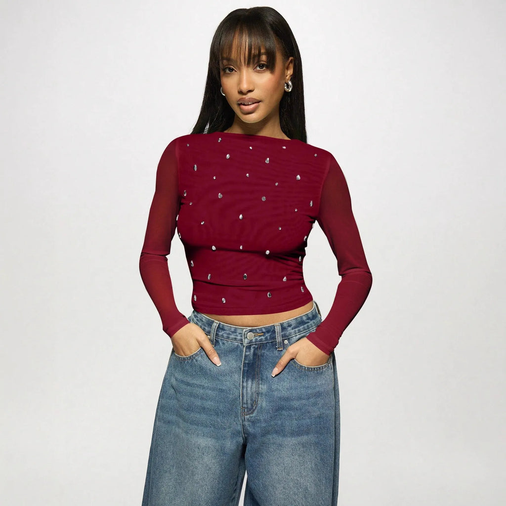 Women's long sleeve double-layer mesh top with rhinestone detailing in wine red, front view