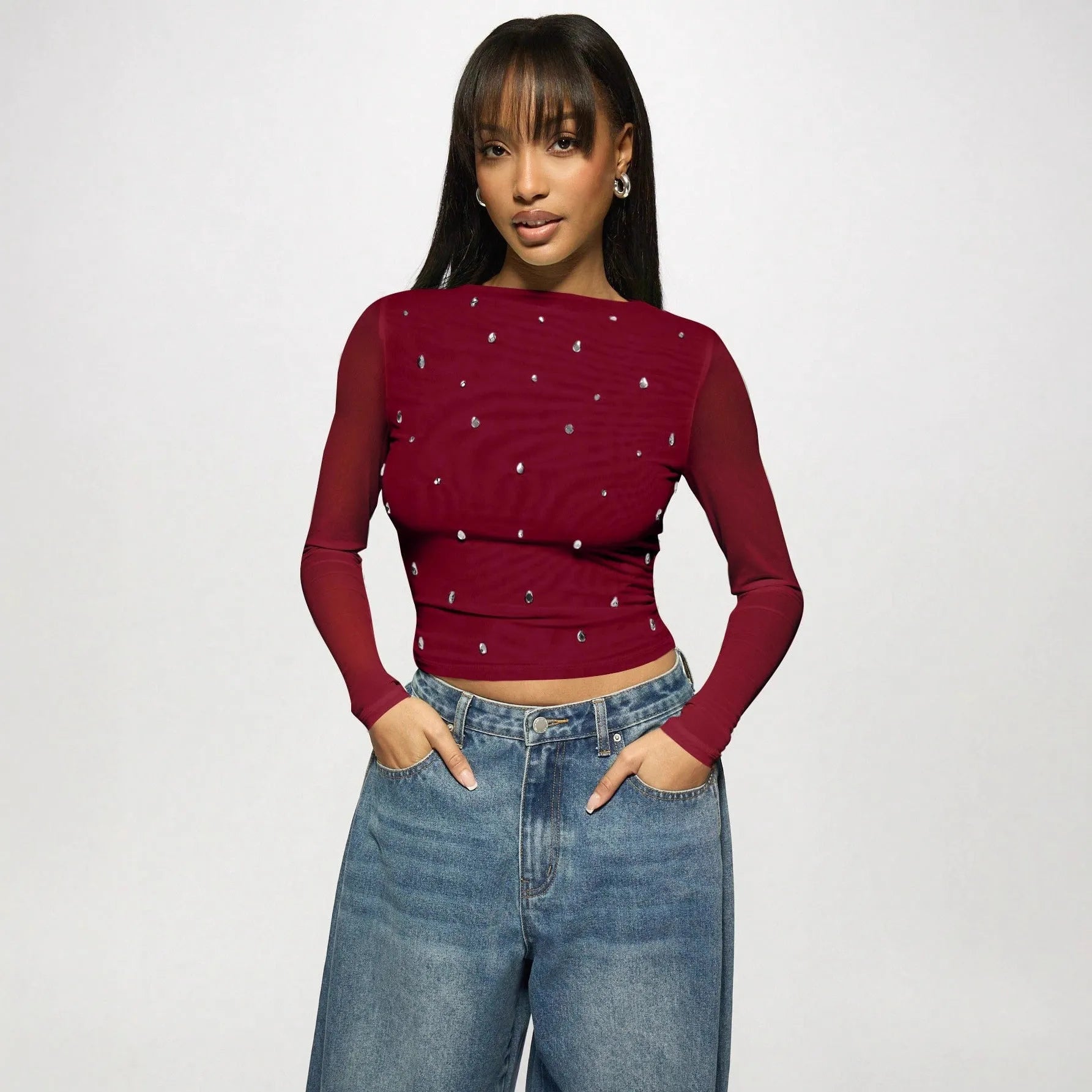 Women's long sleeve double-layer mesh top with rhinestone detailing in wine red, front view