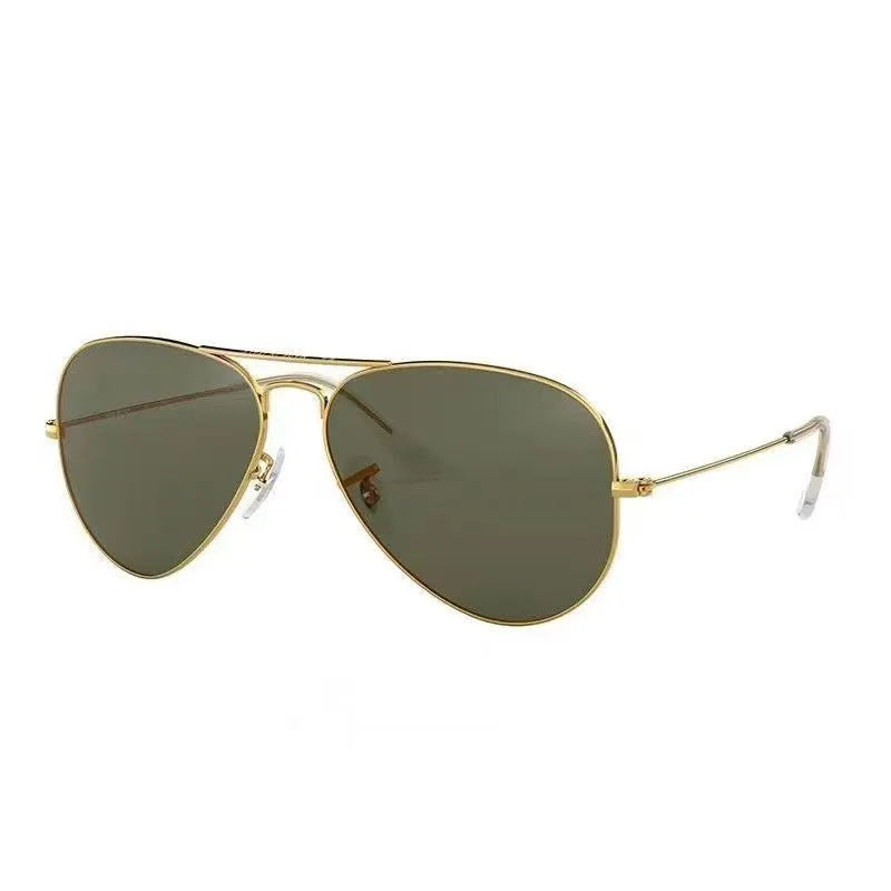 Tempered glass sunglasses with UV protection in gold, silver, and black frame options with dark green and blue lenses.