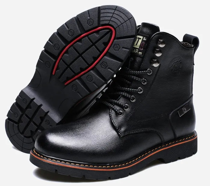 Men's brown embossed leather Martin boots with mid-top cut, round toe, thick heel, and front strap on a wooden floor