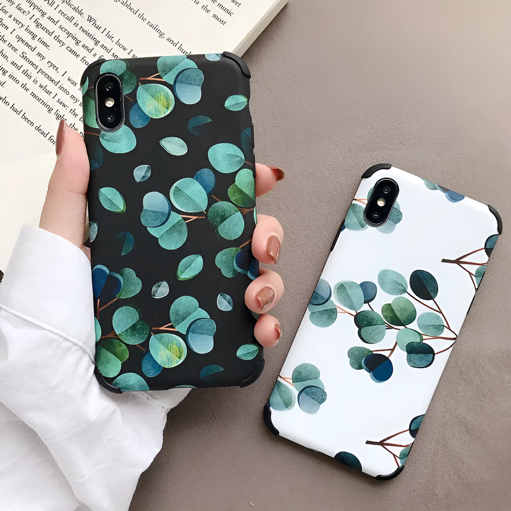 Black silicone iPhone case with leaf pattern design for multiple iPhone models