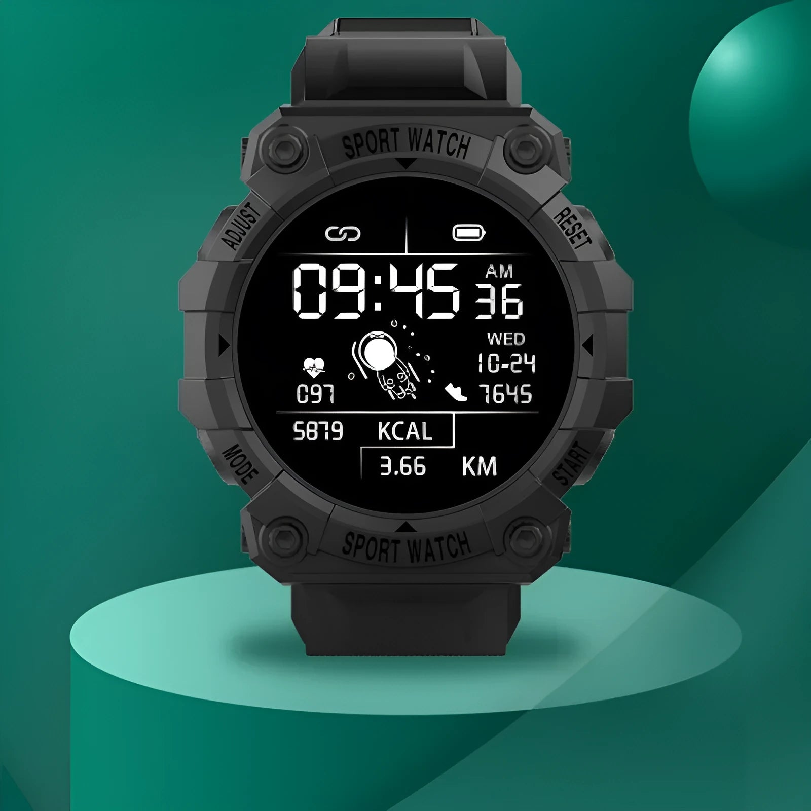 Spaceman Round FD68S smart bracelet with 144 colour TFT screen, round face, in black on wrist