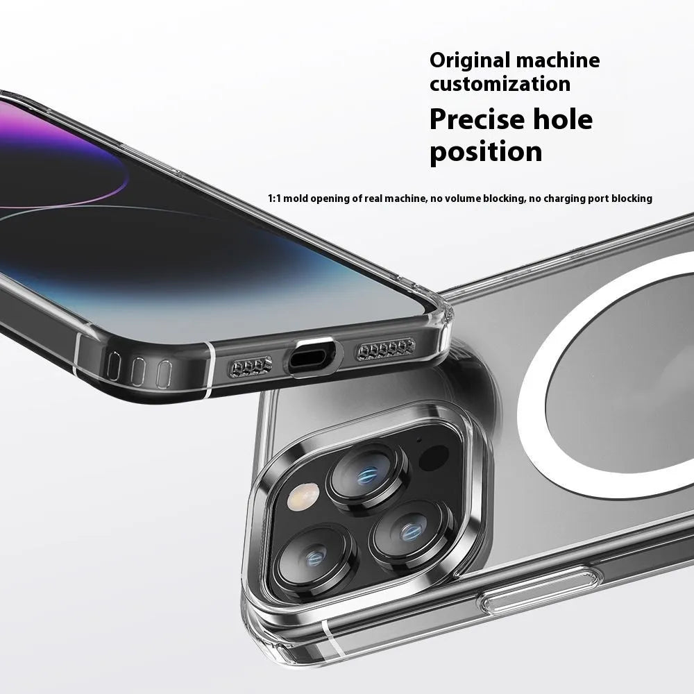 Transparent two-in-one magnetic phone case with shockproof protection for iPhone models, showing back and side view.