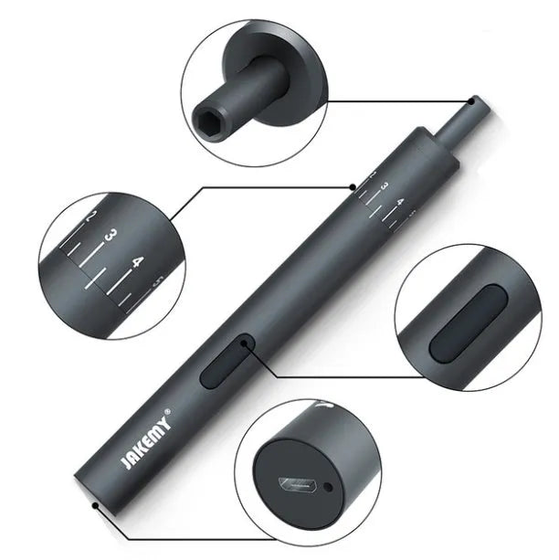 Black pen-type mini electric screwdriver with aluminium alloy body and micro USB charging port