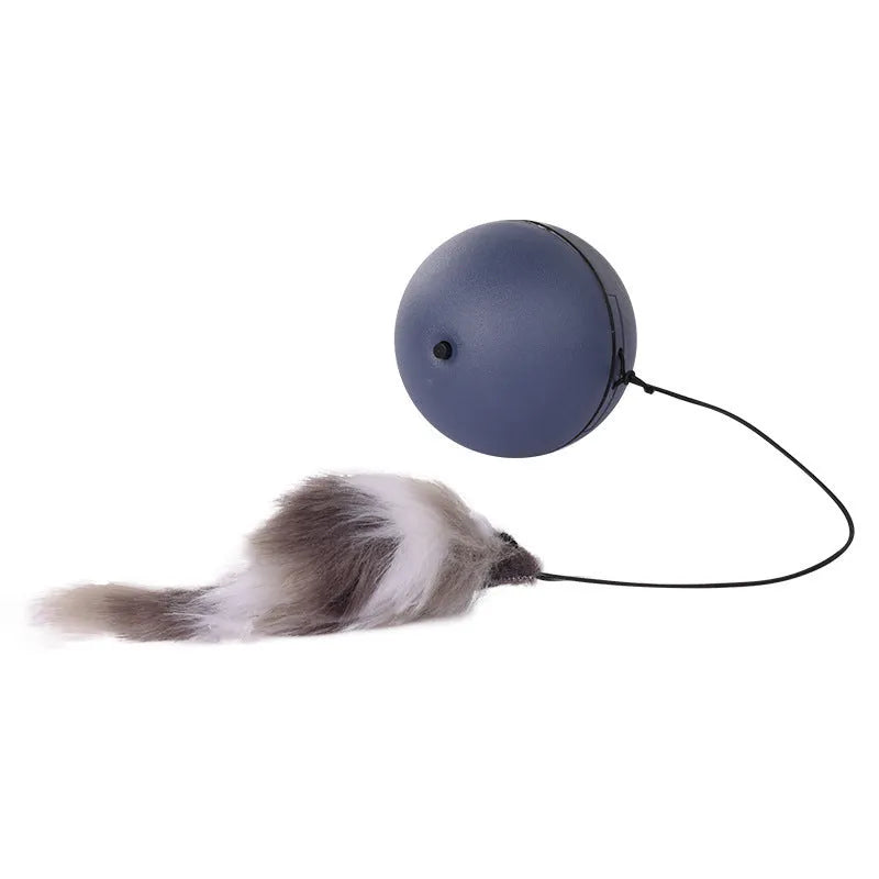 Grey and orange interactive cat toy ball with attached plush mouse and feather tail.