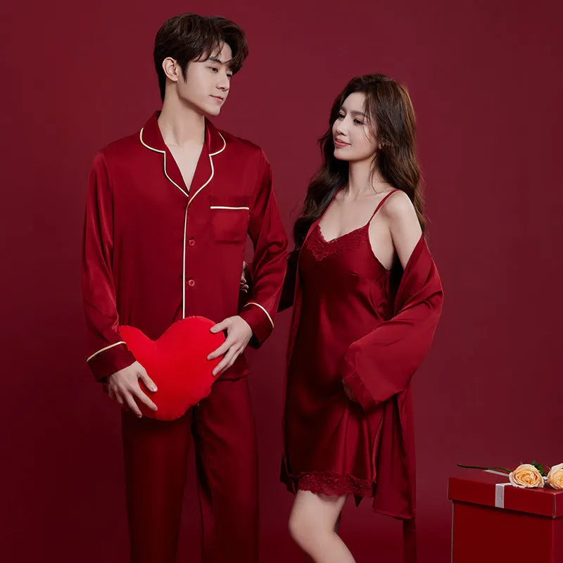 Red ice silk wedding dowry sleepwear set for men and women with long sleeves and trousers