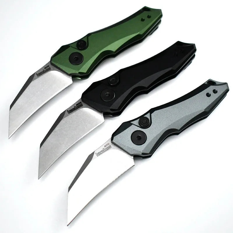 Outdoor folding knife with pocket clip, shown closed, in black, grey, and green colour options.