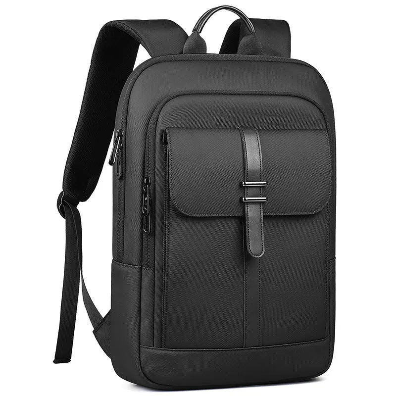 Black Oxford cloth backpack with visible stitching, shown on a neutral background