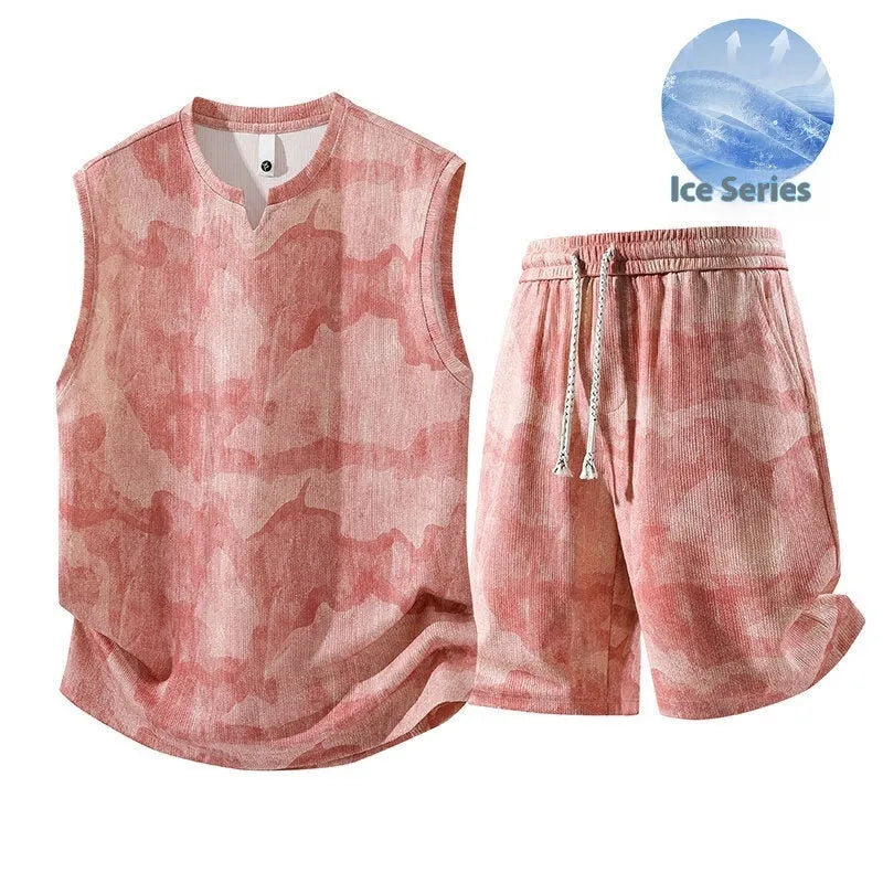 A plus-size casual sleeveless vest and shorts suit set in quick-dry fabric on a hanger.
