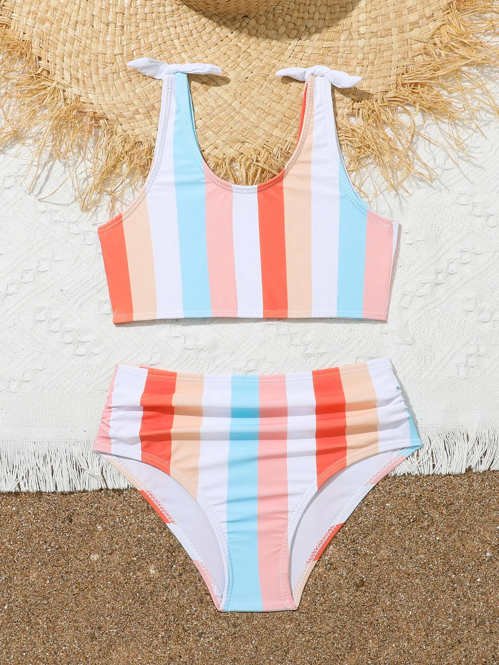 Girls' two-piece swimsuit set with plaid pattern briefs and bra top