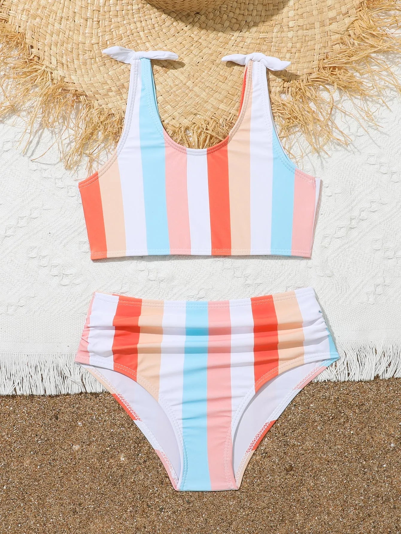 Girls' two-piece swimsuit set with plaid pattern briefs and bra top