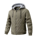 Men's quilted cotton jacket with removable hood, polyester blend, available in army green, black, dark blue, khaki, sizes L to XXXL