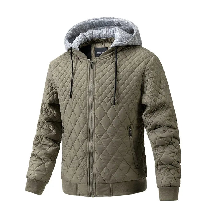 Men's quilted cotton jacket with removable hood, polyester blend, available in army green, black, dark blue, khaki, sizes L to XXXL