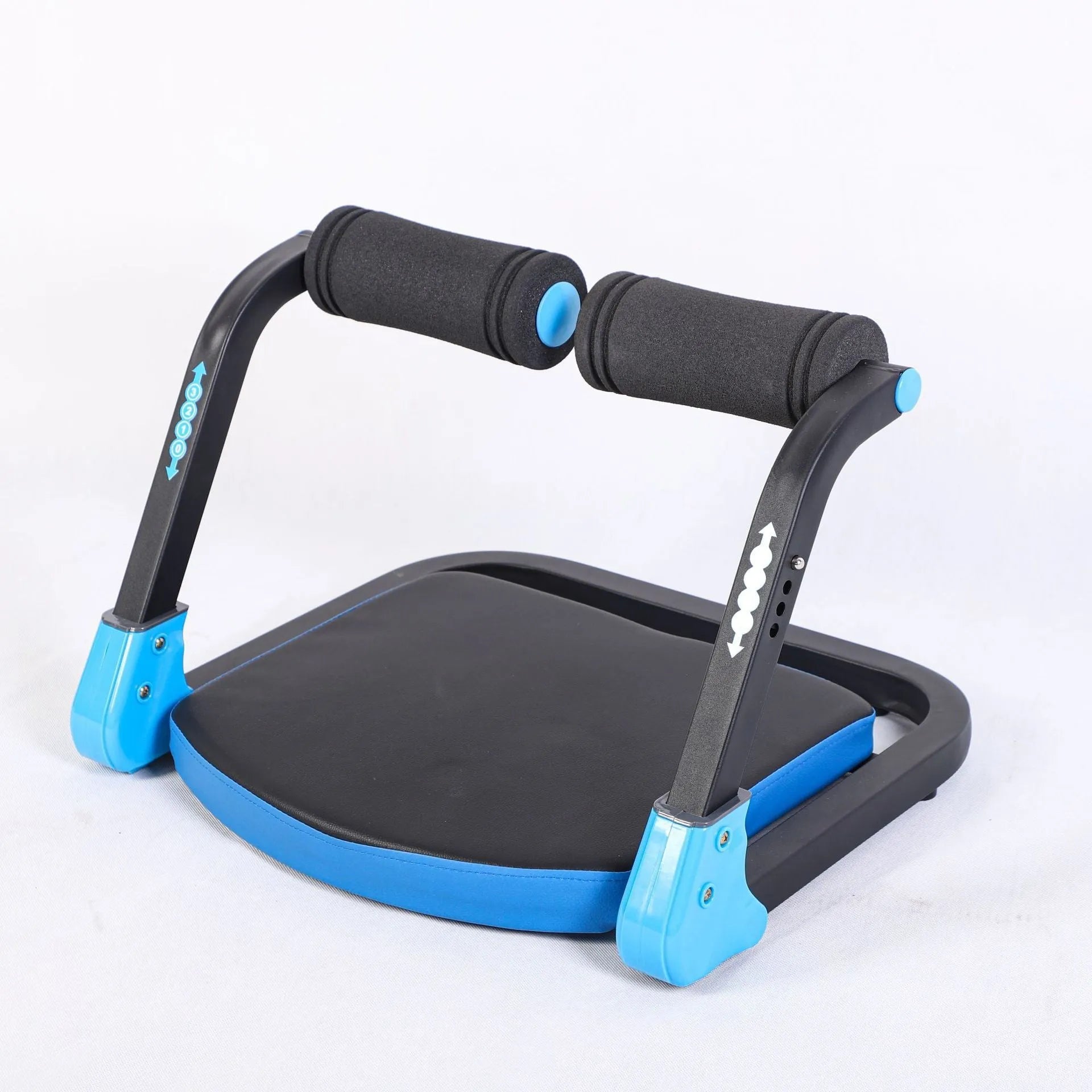 Compact abdominal exercise device in red and sky blue colours for portable core training