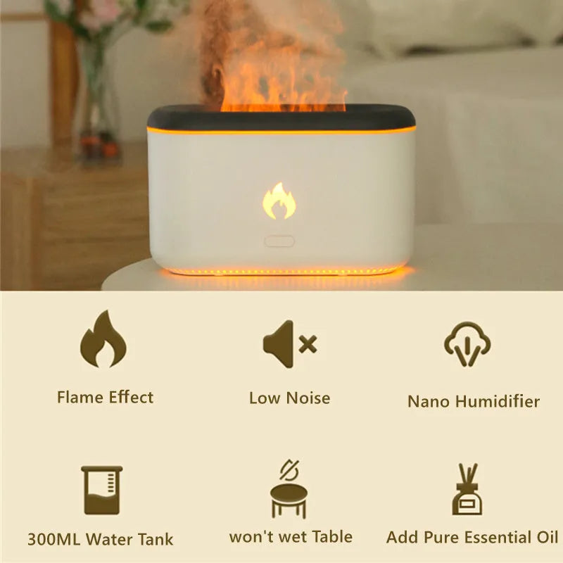 3D flame ultrasonic humidifier with 300ml water tank in white on a wooden desk