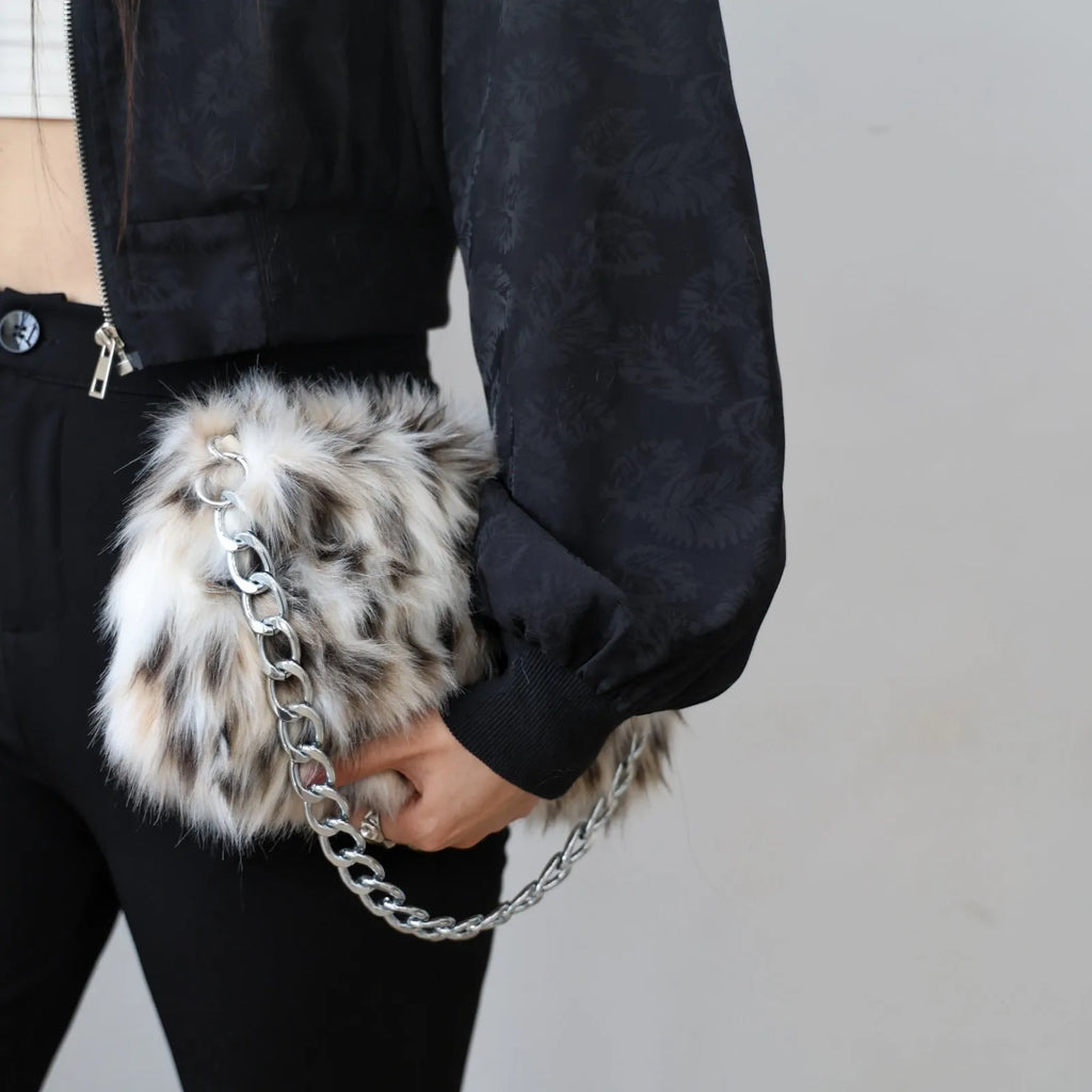 Plush underarm shoulder chain bag in brown colour matching, horizontal square shape with chain strap, 28x8x40cm