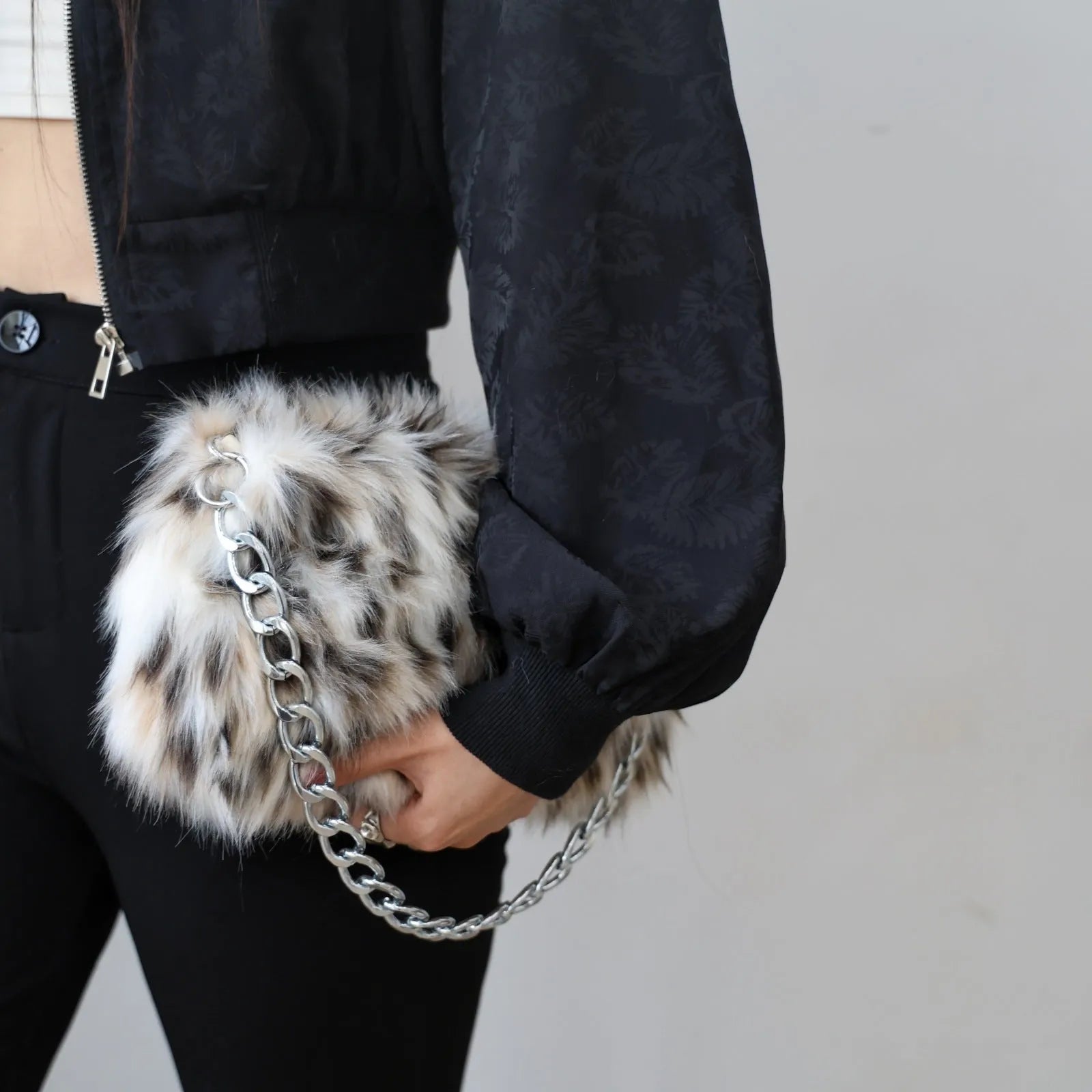 Plush underarm shoulder chain bag in brown colour matching, horizontal square shape with chain strap, 28x8x40cm
