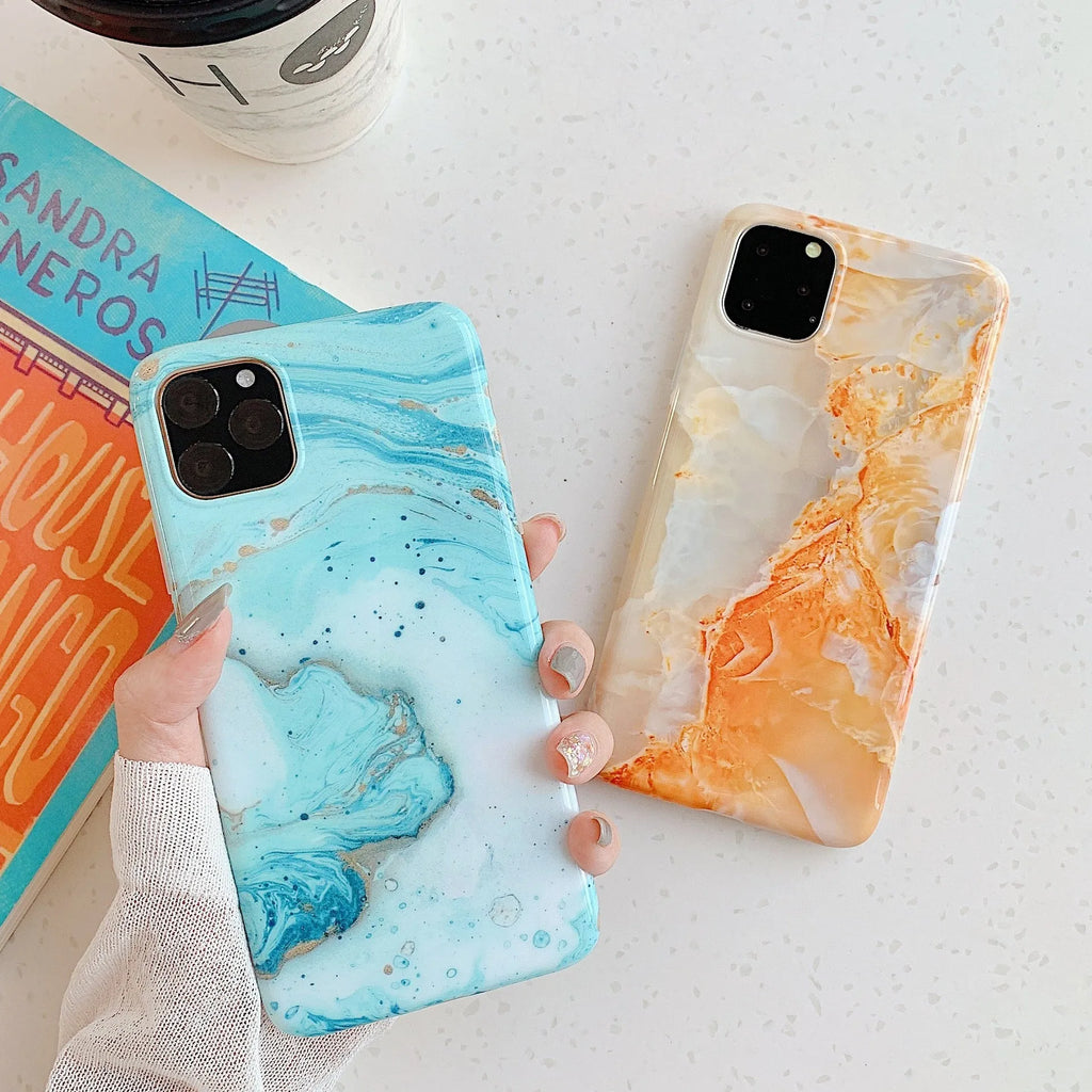 Frosty marble silicone phone case back cover with geometric pattern, available in multiple colours for iPhone