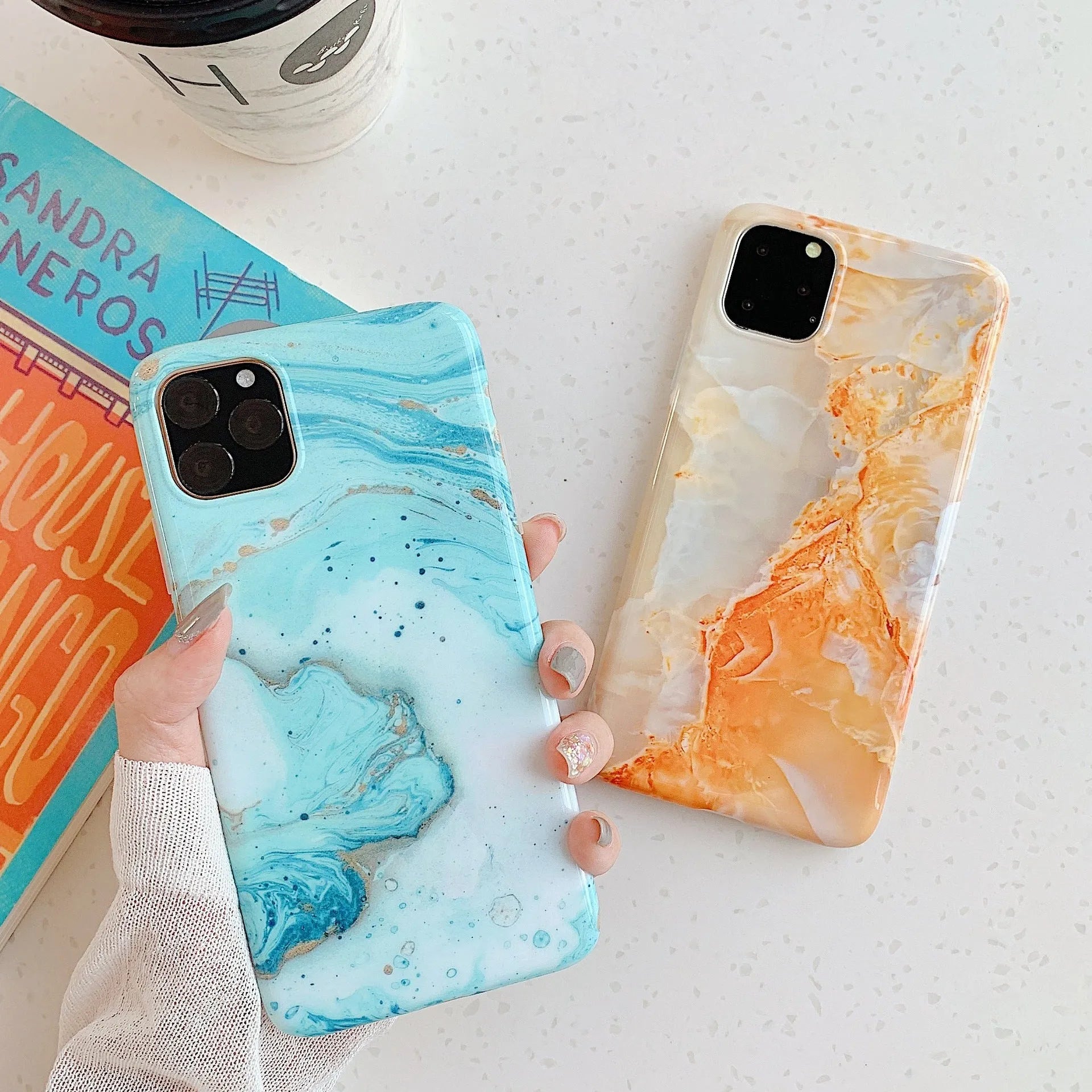 Frosty marble silicone phone case back cover with geometric pattern, available in multiple colours for iPhone