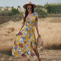Women's floral summer dress with V neck, short sleeves, elastic waist and large hemline mid-length skirt